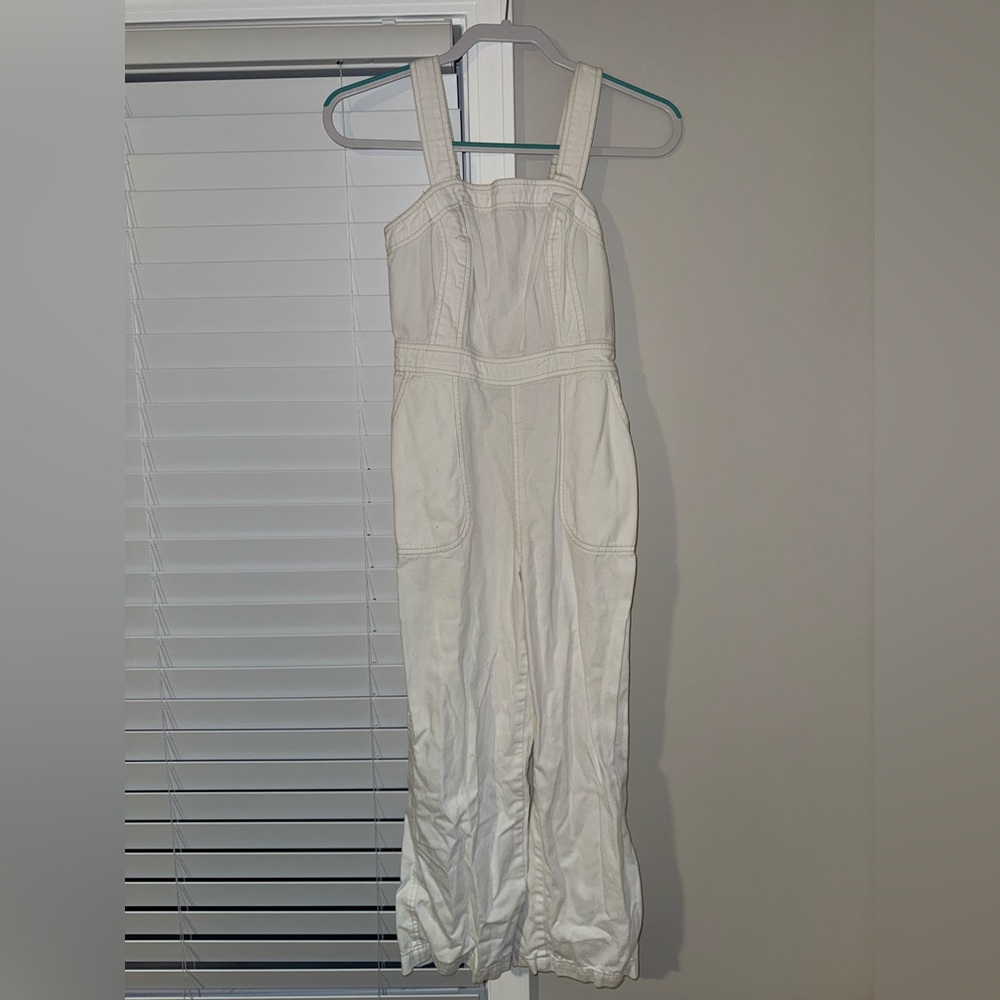 White denim cropped jumpsuit